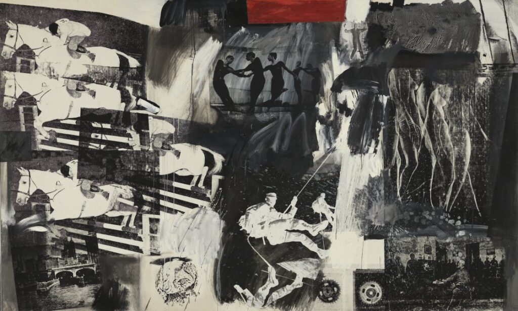 Œuvre Express (1963) de Robert Rauschenberg, peinture sérigraphiée mêlant images de cavaliers, danseurs et scènes de mouvement.