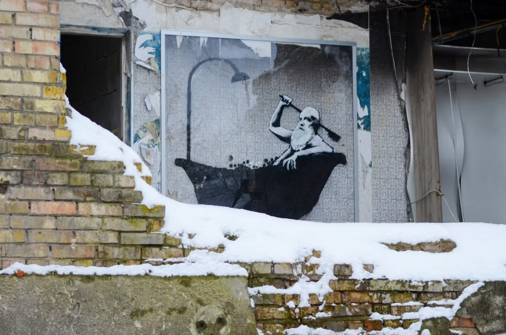 Banksy mural painted in 2022 on a damaged wall in Horenka near Kyiv Ukraine