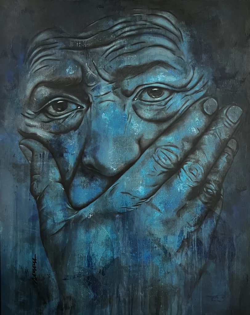 peinture à l'huile représentant un homme avec la main masquant la bouche Artiste Frédérique Samama