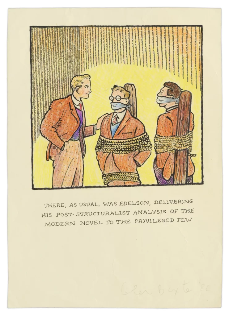 "Dessin de Glen Baxter illustrant une scène absurde avec des personnages ligotés évoquant une analyse post-structuraliste