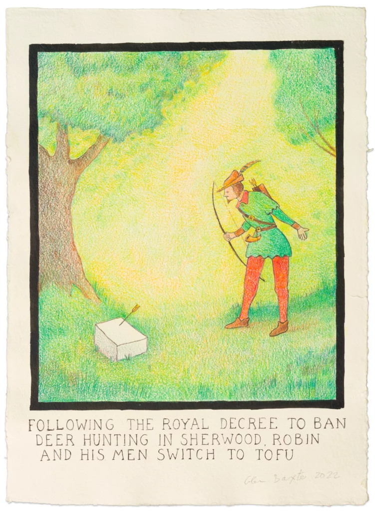 Dessin humoristique de Glen Baxter montrant Robin des bois face à un bloc de tofu dans une scène absurde en forêt