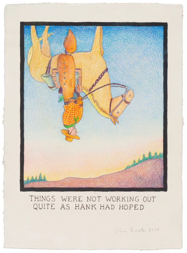 Dessin surréaliste de Glen Baxter représentant un cavalier et un cheval à l’envers dans une scène absurde