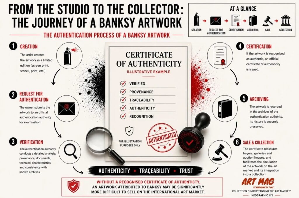 ART MAG infographic explaining how a Banksy artwork is authenticated, including Pest Control, the certificate of authenticity, provenance, traceability and the authentication process used by collectors, galleries and auction houses.