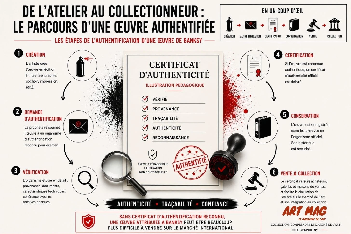 Infographie ART MAG expliquant les étapes de l'authentification d'une œuvre de Banksy avec Pest Control, du certificat d'authenticité à la traçabilité et à la vente sur le marché de l'art.