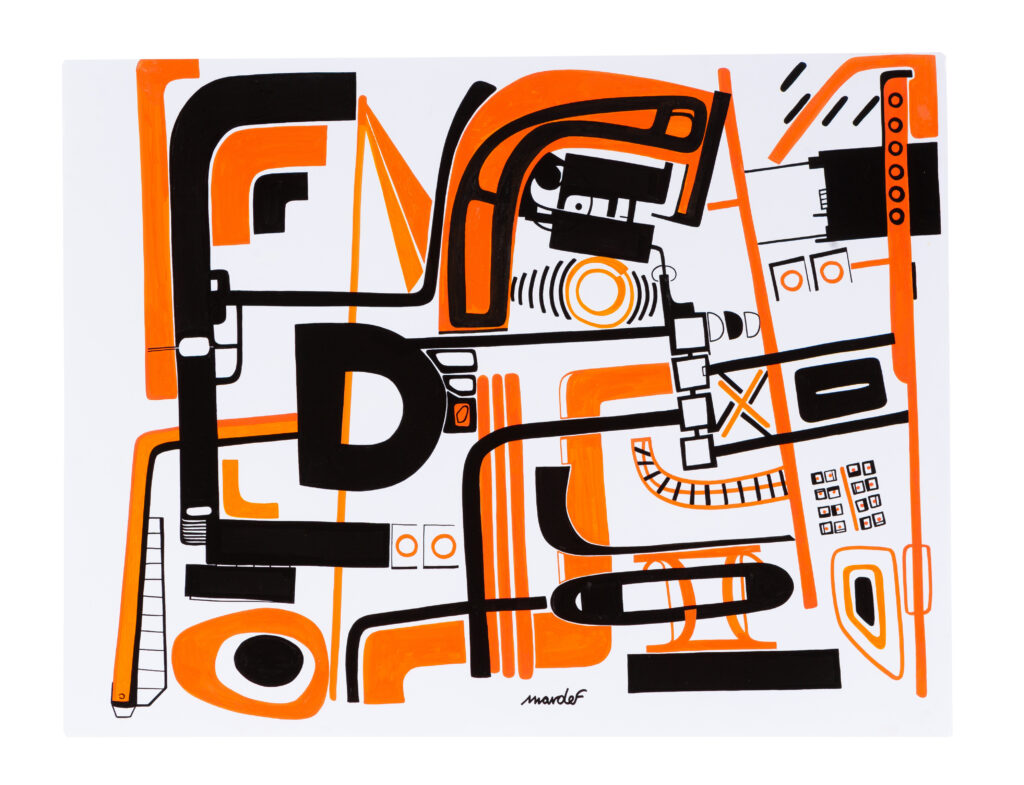 Olympic Games (2026), œuvre de l'artiste contemporain Mardef mêlant lignes noires, formes géométriques et aplats orange dans une composition abstraite.