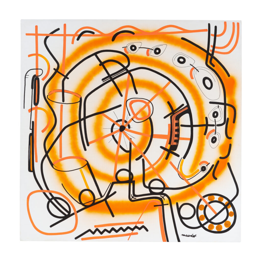 Tornade (2025), abstract artwork by contemporary artist Mardef featuring black lines, orange shapes, and a dynamic circular composition on a white background.