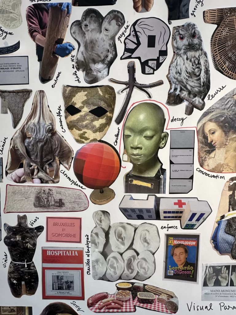 Collage de recherche de Clémentine Deliss composé d’images découpées représentant notamment un hibou, des masques, des objets ethnographiques, une tête sculptée et des archives médicales.