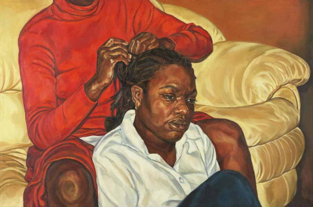 Painting by Barbara Walker depicting a Black woman in a white shirt seated in front of another woman dressed in red, who is styling her hair on a beige sofa.