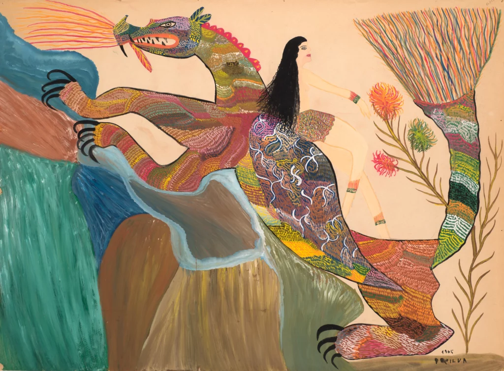 Œuvre sans titre de Francisco da Silva réalisée en 1965, peuplée de figures fantastiques aux couleurs vives, collection du Musée Cérès Franco.