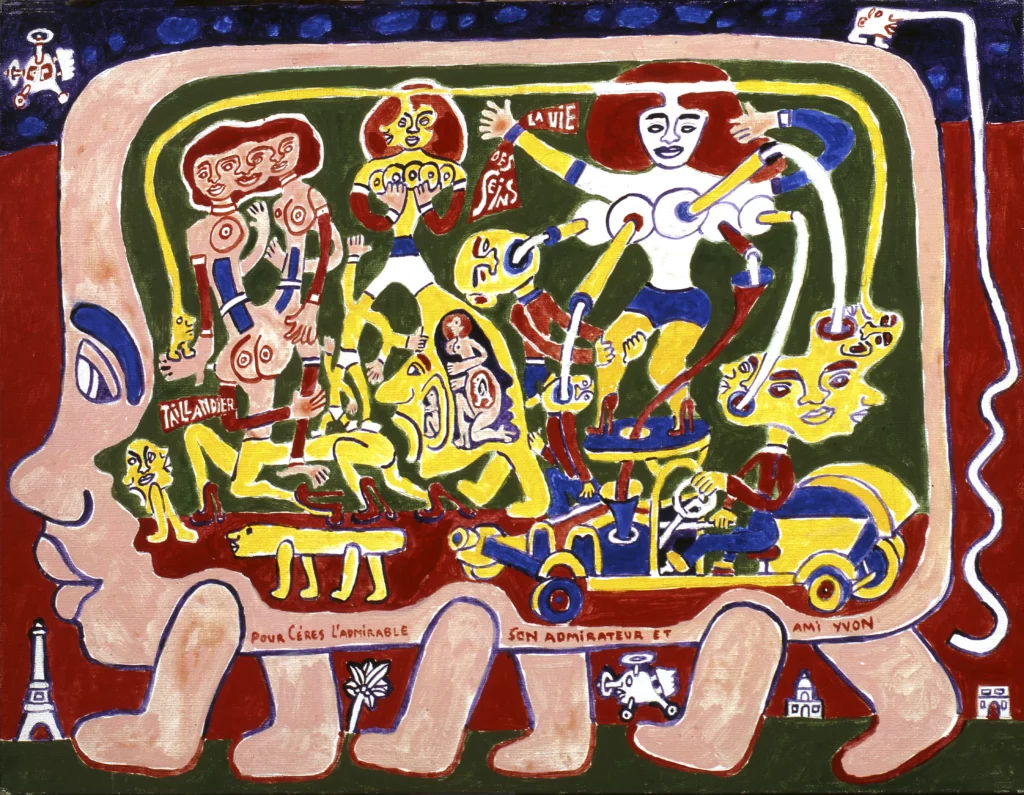 Œuvre sans titre d’Yvon Taillandier représentant un univers foisonnant de personnages colorés, collection du Musée Cérès Franco.