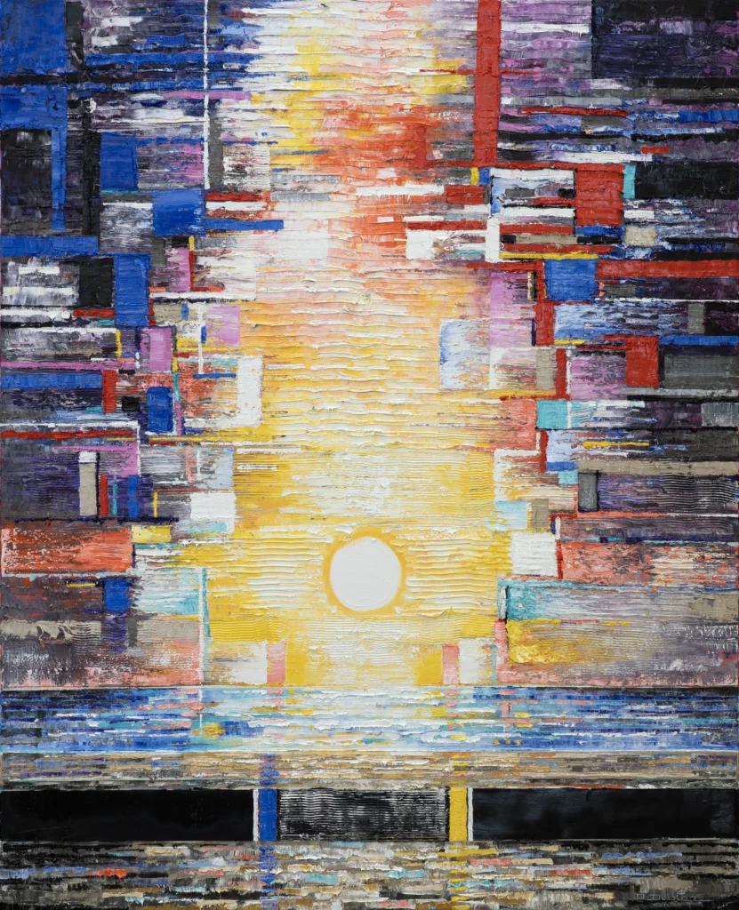 Renaître à la lumière, peinture de Denis Doistau structurée autour d’un axe lumineux jaune, blanc et orangé.