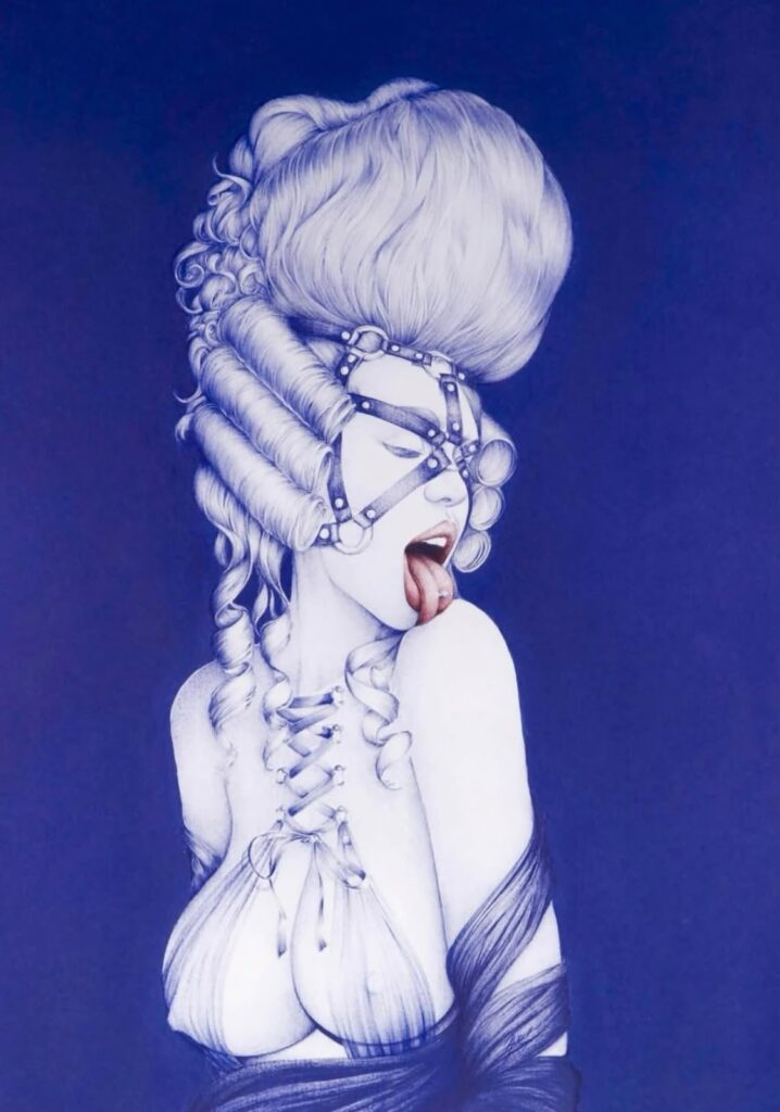 BeuS, Sébastien Boismoreau, in his studio with his blue ballpoint pen drawings