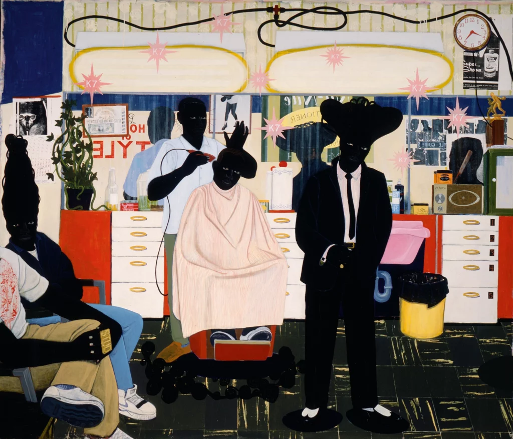 Kerry James Marshall’s De Style, depicting several Black figures in a brightly coloured barbershop interior.