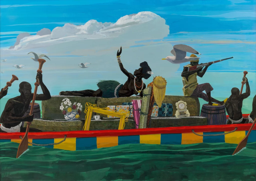 Kerry James Marshall’s Haul, depicting several Black figures in a colourful boat filled with objects beneath a blue sky crossed by birds.