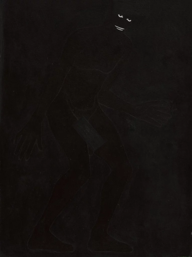 Invisible Man de Kerry James Marshall, figure noire presque entièrement absorbée par un fond sombre, dont émergent principalement les yeux et le sourire.