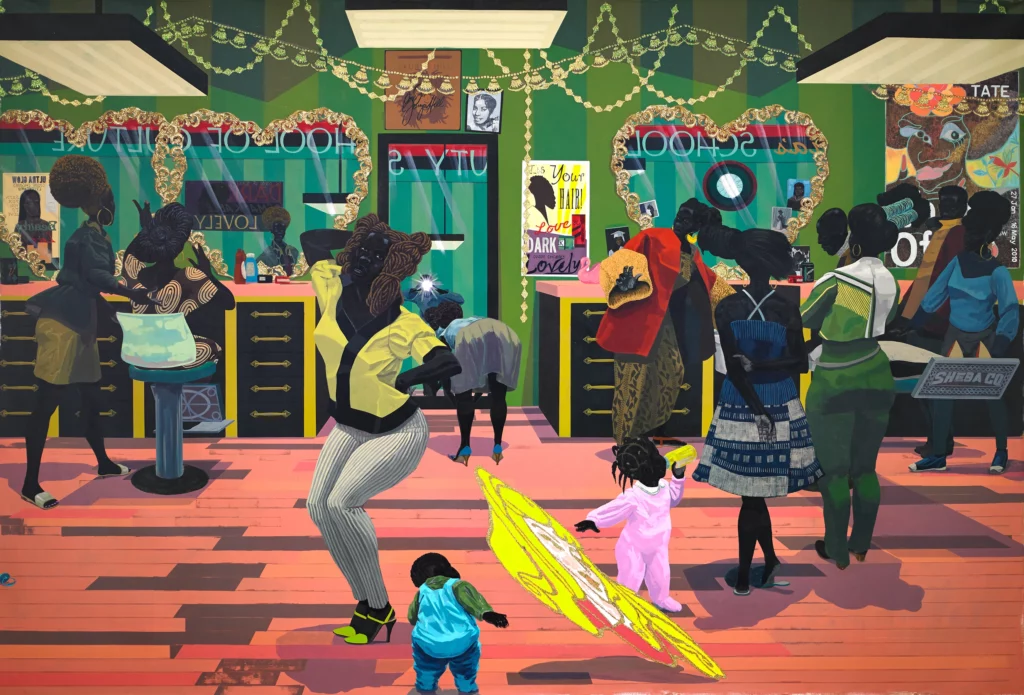 School of Beauty, School of Culture de Kerry James Marshall, vaste scène de salon de beauté animée de nombreuses figures noires, de miroirs et de couleurs vives.