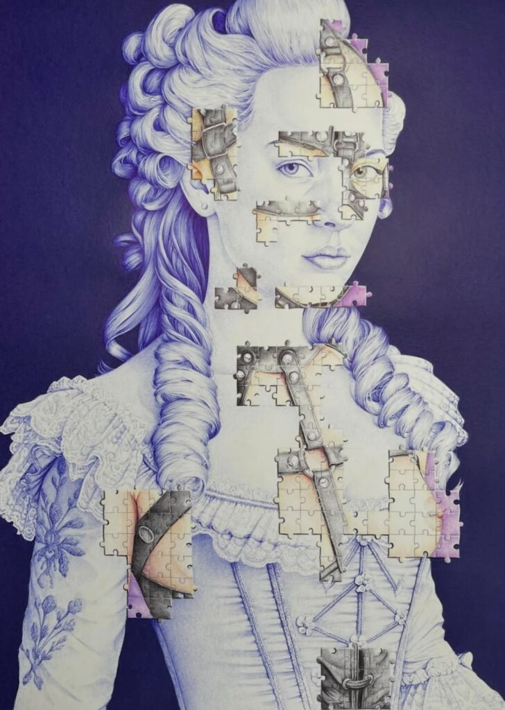 L’Affirmée de BeuS, portrait fragmenté en puzzle au stylo-bille bleu, 2026