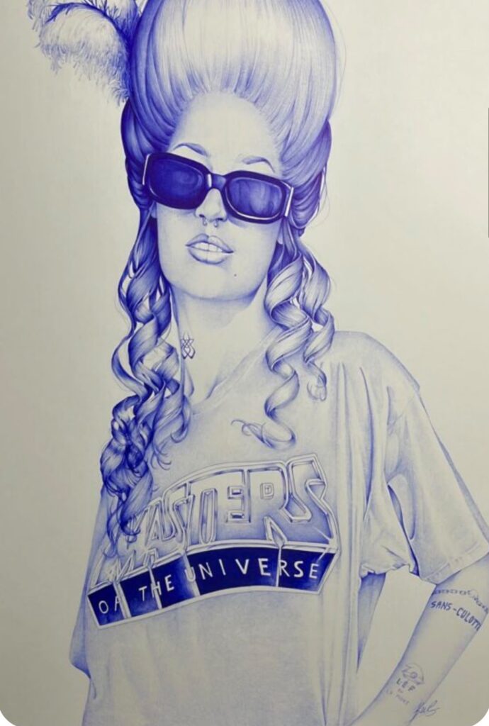 Sans culotte de BeuS, dessin au stylo-bille bleu mêlant XVIIIe siècle et culture contemporaine, 2025