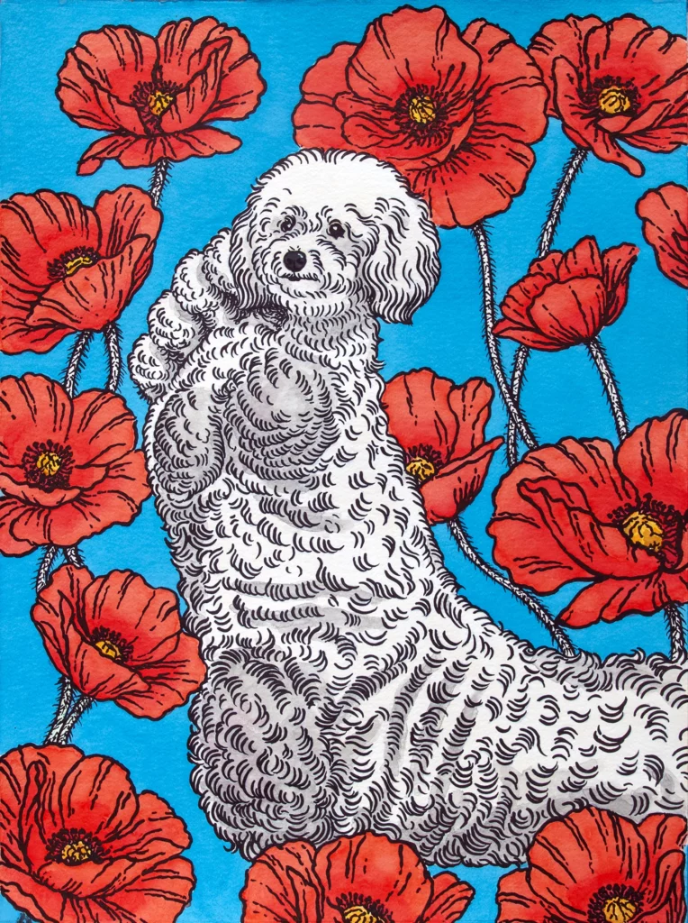 J’irai pas by Dominique Lucci, white dog surrounded by red flowers against a blue background