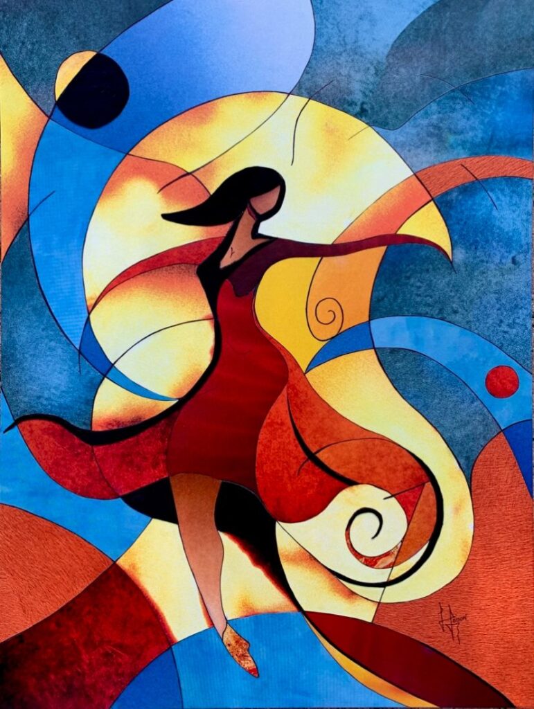 Gil Loison, L'Éclat du souffle, danseuse en robe rouge entourée de courbes abstraites aux couleurs vives, collage contemporain.