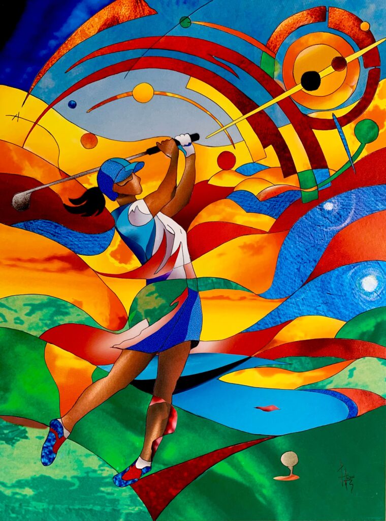 Gil Loison, Vibration du swing, contemporary collage showing a female golfer mid-swing against a vibrant, colourful abstract landscape.