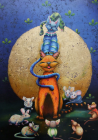 Huile sur toile 3 chats perchés colorés entourés de souris