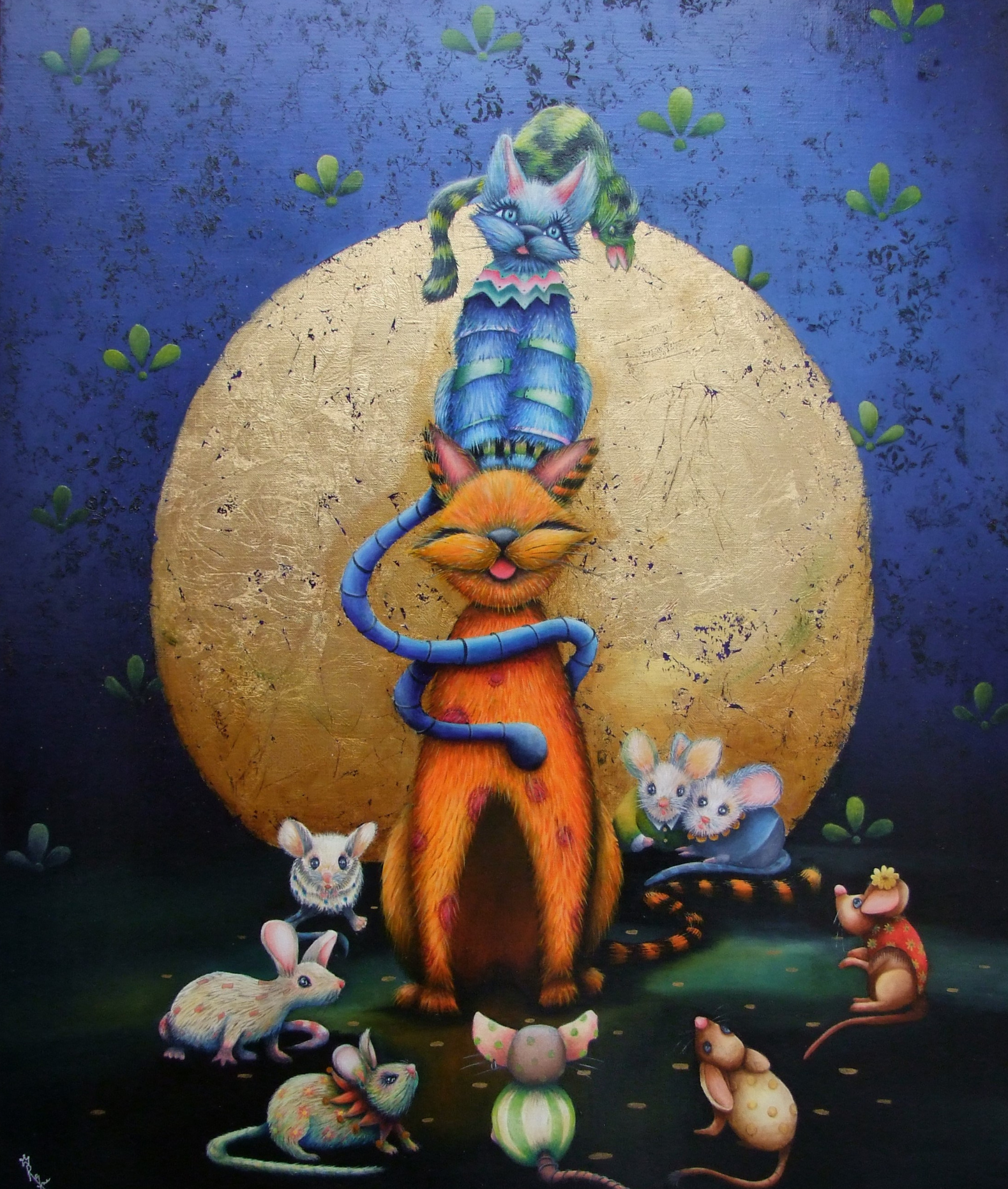 Huile sur toile 3 chats perchés colorés entourés de souris